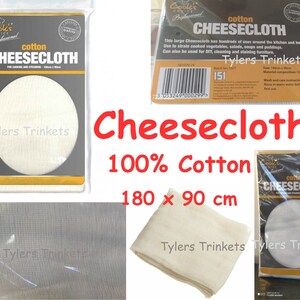 May include: A Cook's Choice professional cotton cheesecloth in a clear plastic package. The label states it is 100% cotton and measures 180 cm by 90 cm. The fabric is off-white, thin, and woven with a visible grid pattern for cooking and straining.