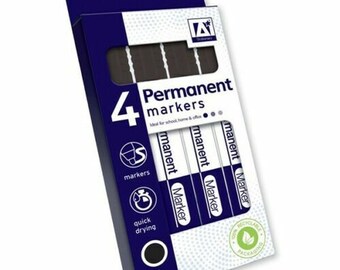 4 x Permanent Markers  4mm Bullet Point  Quick Drying  Black Ink