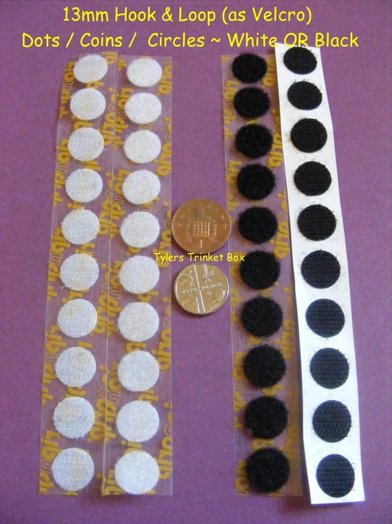 Hook & Loop Self Adhesive Dots Coins Circle Stick on 13mm approx Black or  White Pads Sticky Back Peel off Backing 