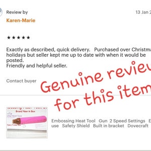 May include: A pink heat tool with a black handle and a clear plastic tip. The tool is labeled "Brand New in Box" and "Embossing Heat Tool Gun 2 Speed Settings Easy use Safety Shield Built in bracket Dovecraft Pr..."