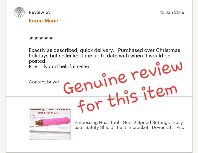 May include: A pink heat tool with a black handle and a clear plastic tip. The tool is labeled "Brand New in Box" and "Embossing Heat Tool Gun 2 Speed Settings Easy use Safety Shield Built in bracket Dovecraft Pr..."