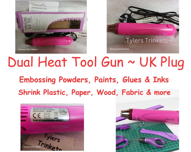 May include: Pink dual heat tool gun with a UK plug. The tool is labeled "Embossing Heat Tool" and is used for embossing powders, paints, glues, inks, shrink plastic, paper, wood, fabric, and more.