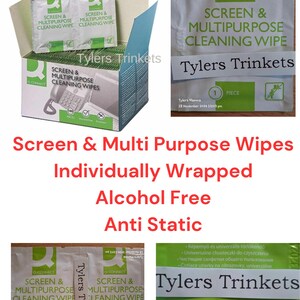 May include: A pack of individually wrapped screen and multi-purpose cleaning wipes. The wipes are alcohol-free and anti-static. The packaging is green and white with the text "Q-Connect Screen & Multi-Purpose Cleaning Wipe" and "Tylers Trinkets".