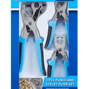 May include: A blue and black 3-piece punch and eyelet plier set with 100 eyelets and 25 press studs. The set includes a 23 cm revolving punch plier, a 15 cm eyelet plier, and a 15 cm snap plier.
