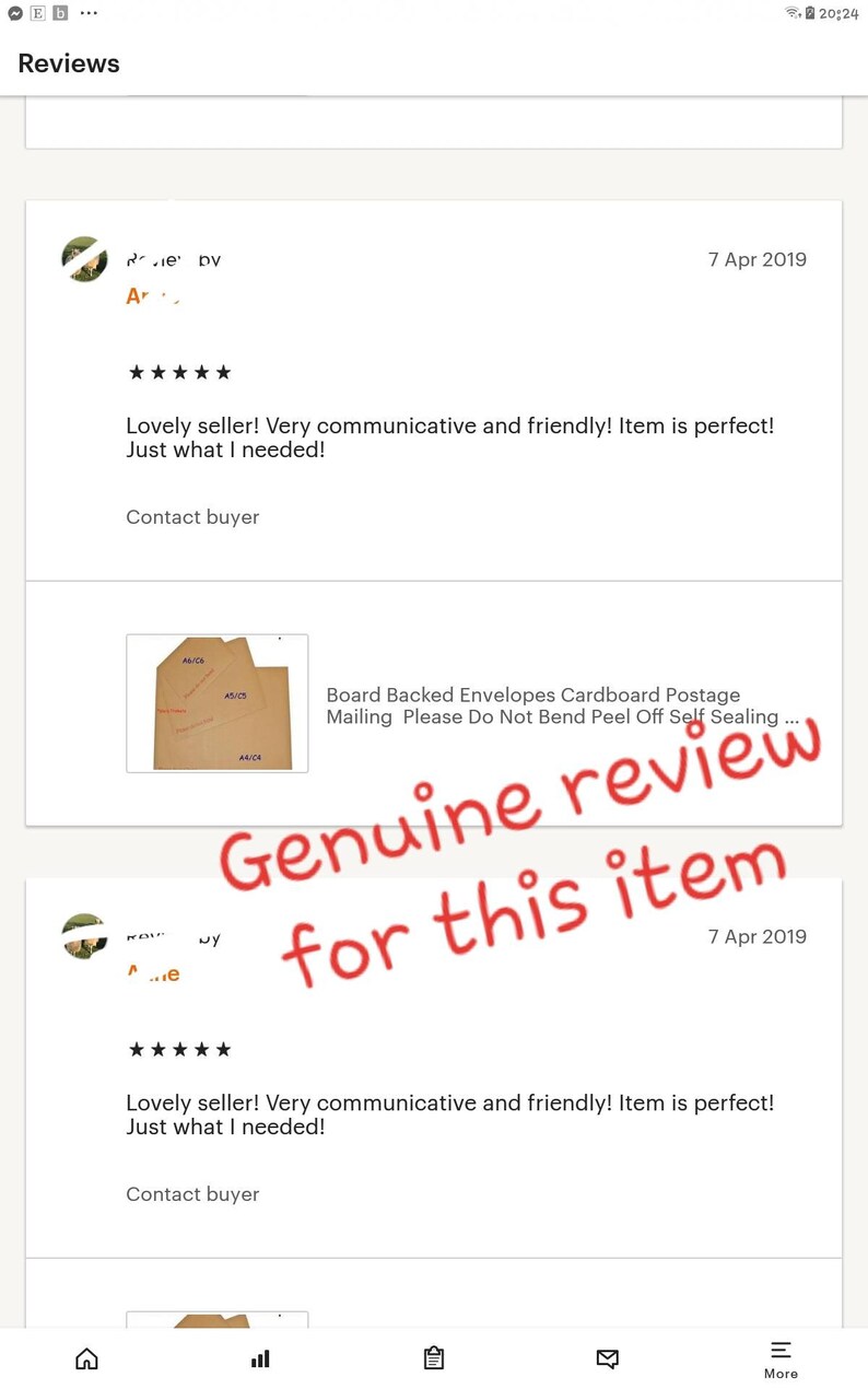 K&ouml;nnte beinhalten: Zwei F&uuml;nf-Sterne-Bewertungen f&uuml;r ein Produkt mit dem Text "Board Backed Envelopes Cardboard Postage Mailing Please Do Not Bend Peel Off Self Sealing..." Die Bewertungen lauten: "Toller Verk&auml;ufer! Sehr kommunikativ und freundlich! Der Artikel ist perfekt! Genau das, was ich brauchte!"