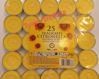 25 Citronella Scented Tea Lights  Price's Candle 4hr burn time Outdoor Garden Patio BBQ