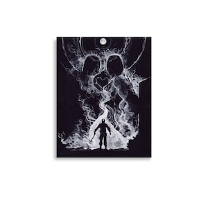 Pode incluir: Uma ilustração em preto e branco de uma pessoa em pé na frente de uma grande figura branca e giratória que parece fumaça. A figura parece ser um crânio com um círculo no centro da testa. A pessoa está segurando um picaretas na mão direita.