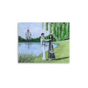 May include: A painting of a couple standing in a park by a lake. The man is wearing a white shirt and the woman is wearing a black dress. There is a church in the background.