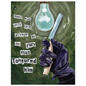 May include: A hand wearing a black glove holds a knife with a white handle. The background is green and features a light bulb with a blue liquid inside. The text "there was only one answer to the fury that tortured him" is written in white letters on the green background.