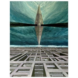 May include: A painting of a geometric, abstract design with a large, pointed shape in the center. The shape is reflected in a body of water, and the background is a blue and green sky. The bottom of the painting shows a grid pattern.