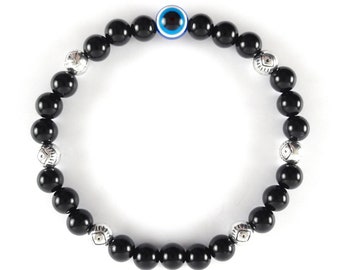 Black Evil Eye Bracelet - 6 mm Black Onyx beaded Bracelet with Greek Blue Eye - Man's Black Protection Bracelet