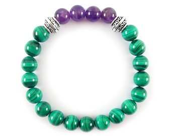 AAA Grade Malachite Bracelet Handmade - Gemstone Fortune Talisman for Money and Wealth - Malachite and Amethyst beaded stretch Bracelet