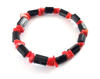 Natural striated Black Tourmaline and Red Coral bracelet handmade in Italy - Protective amulet against evil eye, envy, bad luck