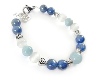 Celtic bracelet for women with blue natural stones - Blue Kyanite Bracelet - Selenite Women's Bracelet with Heart charm
