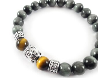 Stretch Natural Cat&#39;s Eye Bracelet - Elegant Men&#39;s Lucky Bracelet with Tiger&#39;s Eye and Buddha Charm