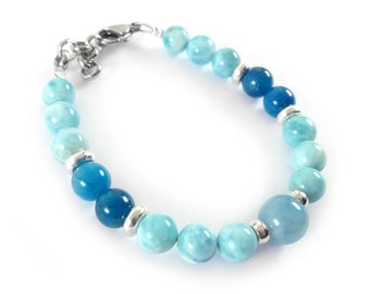 8 mm Larimar bracelet with hook - Aquamarine and Apatite bracelet handmade in Italy, adjustable and customizable size