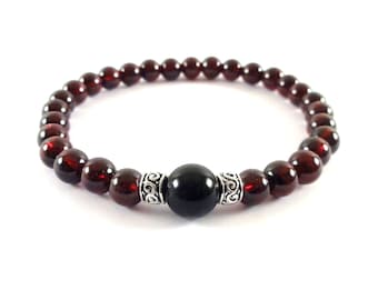 6 mm Pyrope Garnet and Rainbow Obsidian Bracelet - Protective Amulet against envy and evil eye - Handmade stretch bracelet