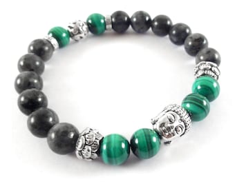 Man&#39;s Malachite Bracelet for Money, Work, Success, Wealth - Buddha charm Bracelet with Lotus flower - Fortune Amulet