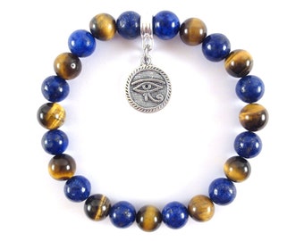 Eye of Horus Bracelet with pendant - Lapis Lazuli and Tiger's Eye Bracelet - Lucky Amulet for Wisdom and Foresight