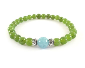 Women's Lucky Bracelet with real Jade - Stretch Nephrite Jade and Aquamarine Bracelet - Talisman for Luck and Love