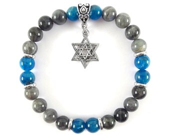 Jewish Protection Amulet with Star of David - Shield of David Bracelet with blue Apatite and gray Larvikite