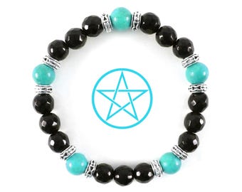 Natural Turquoise Pentacle Bracelet, Protective Amulet Against Envy and Evil Eye - Black Onyx Bracelet for Magical Protection
