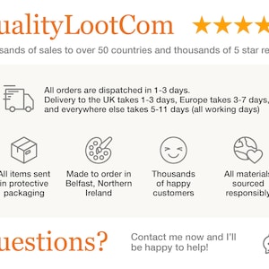 Pu&ograve; includere: Sito web Quality LootCom con una valutazione a cinque stelle. Il sito web offre articoli fatti a mano con spedizione rapida e un focus sulla soddisfazione del cliente. Il testo sul sito web recita: "Tutti gli ordini vengono spediti in 1-3 giorni. La consegna nel Regno Unito richiede 1-3 giorni, l'Europa richiede 3-7 giorni e ovunque altro richiede 5-11 giorni (tutti i giorni lavorativi)"