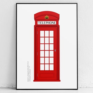 British Phone Booth Poster: Rote Telefonzelle, Englisch, London Print, Wandkunst, Königskrone