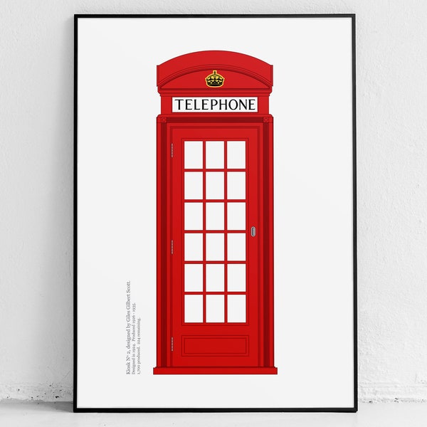 British Phone Booth poster: Red phone box, English, London print, wall art, Royal crown