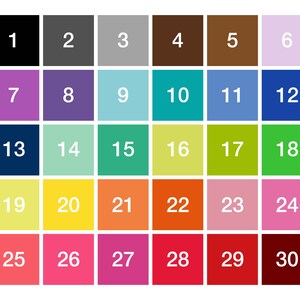 May include: A color chart with 30 different colors, numbered 1 through 30. The colors are arranged in a grid of five columns and six rows.