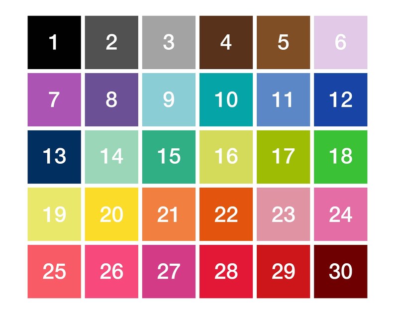 May include: A color chart with 30 different colors, numbered 1 through 30. The colors are arranged in a grid of five columns and six rows.