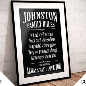 Family Rules sign Custom wall art, print, house rules, new house gift, present, kitchen, hallway, living room, personalised, personalized image 1