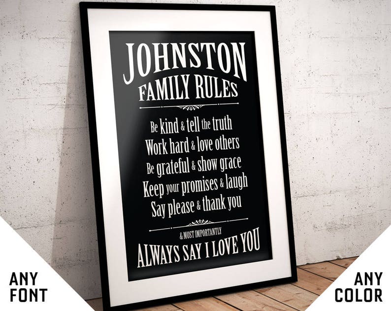 Family Rules sign Custom wall art, print, house rules, new house gift, present, kitchen, hallway, living room, personalised, personalized image 1