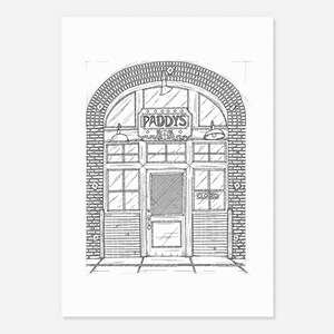 May include: A black and white line drawing of a brick building with an arched doorway. The building has a sign that reads "Paddy's Pub" and the door is closed.