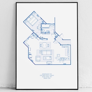 Op de afbeelding: Een blauwe en witte plattegrond van appartement 5A aan 129 West 81st Street, New York, NY 10024, USA. De plattegrond toont een slaapkamer, een badkamer, een keuken en een woonkamer.
