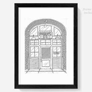 May include: Black and white line drawing of a brick building with an arched doorway. The building has a sign that reads "Paddy's Pub".