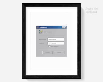WiFi Password Sign, wifi code poster print, wi-fi internet office, windows 3.1 95 98, retro computer posters, vintage