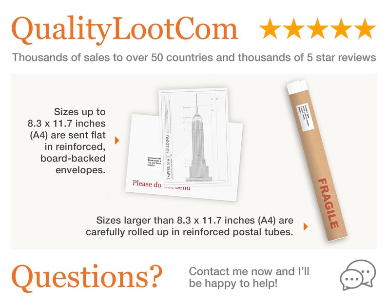 Pu&ograve; includere: Uno sfondo bianco con il testo "QualityLootCom" in arancione e cinque stelle dorate. Il testo "Thousands of sales to over 50 countries and thousands of 5 star reviews" &egrave; sotto il logo. L'immagine mostra un tubo marrone con la parola "FRAGILE" stampata su di esso. Il testo "Sizes up to 8.3 x 11.7 inches (A4) are sent flat in reinforced, board-backed envelopes." &egrave; sul lato sinistro dell'immagine. Il testo "Sizes larger than 8.3 x 11.7 inches (A4) are carefully rolled up in reinforced postal tubes." &egrave; sotto il tubo. Il testo "Questions?" &egrave; sul lato sinistro dell'immagine e il testo "Contact me now and I'll be happy to help!" &egrave; sul lato destro dell'immagine. Ci sono due bolle di dialogo sul lato destro dell'immagine.