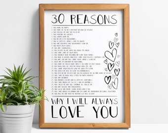 Reasons I love you print: 20 reasons, 10 reasons, 40 reasons we love you, 50 reasons, romantic gifts for him, her, valentines gift, why