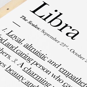 May include: Black and white text on a white background defines the astrological sign Libra. The text reads "Libra, The Scales: September 23rd - October 22nd. 1. Loyal, altruistic and empathetic, kind and caring person who cares for others. 3. A charming, values beauty and..."