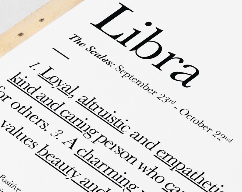 May include: Black and white text on a white background defines the astrological sign Libra. The text reads "Libra, The Scales: September 23rd - October 22nd. 1. Loyal, altruistic and empathetic, kind and caring person who cares for others. 3. A charming, values beauty and..."