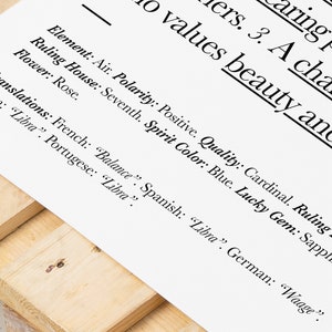 May include: A black and white text graphic with the words "Element: Air. Polarity: Positive. Quality: Cardinal. Ruling Planet: Ruling House: Seventh. Spirit Color: Blue. Lucky Gem: Sapphire. Flower: Rose. Translations: French: "Balance". Spanish: "Libra". German: "Waage". Italian: "Libra". Portugese: "Libra"."