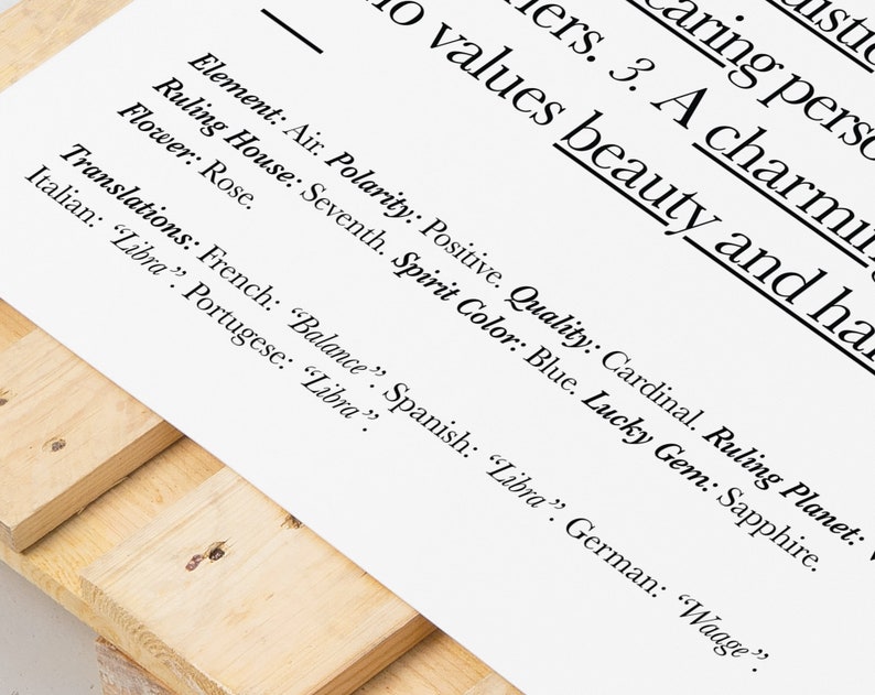 May include: A black and white text graphic with the words "Element: Air. Polarity: Positive. Quality: Cardinal. Ruling Planet: Ruling House: Seventh. Spirit Color: Blue. Lucky Gem: Sapphire. Flower: Rose. Translations: French: "Balance". Spanish: "Libra". German: "Waage". Italian: "Libra". Portugese: "Libra"."