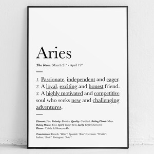May include: Black and white printable poster with the zodiac sign Aries. The poster includes the dates of the sign, March 21st to April 19th, and a description of the personality traits of people born under this sign. The poster also includes the element, polarity, quality, ruling planet, ruling house, spirit color, lucky gem, and flower associated with the sign.
