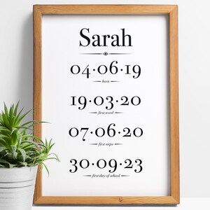 Könnte beinhalten: Ein gerahmter Druck mit einem schwarz-weißen Design. Der Druck zeigt den Namen "Sarah" und eine Liste von Daten mit Beschreibungen, darunter "geboren", "erstes Wort", "erste Schritte" und "erster Schultag".