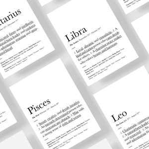 May include: A set of 10 printable zodiac signs, each with a black and white design featuring the name of the sign, its dates, and a definition of the sign's personality traits. The signs are Sagittarius, Pisces, Libra, Leo, and Aquarius.