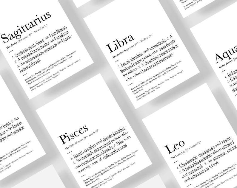 May include: A set of 10 printable zodiac signs, each with a black and white design featuring the name of the sign, its dates, and a definition of the sign's personality traits. The signs are Sagittarius, Pisces, Libra, Leo, and Aquarius.