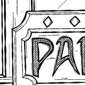May include: A black and white line drawing of a sign that says "PAD" with a decorative border.