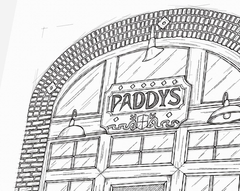 May include: A black and white line drawing of a brick building with an arched doorway. The doorway has a large sign that reads "PADDY'S" in a decorative font.