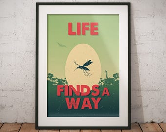 Jurassic Park poster: Life finds a way, Jurassic World print, Ian Malcolm, Amber, Tyrannosaurus Rex, Trex, Fallen Kingdom, Brachiosaurus